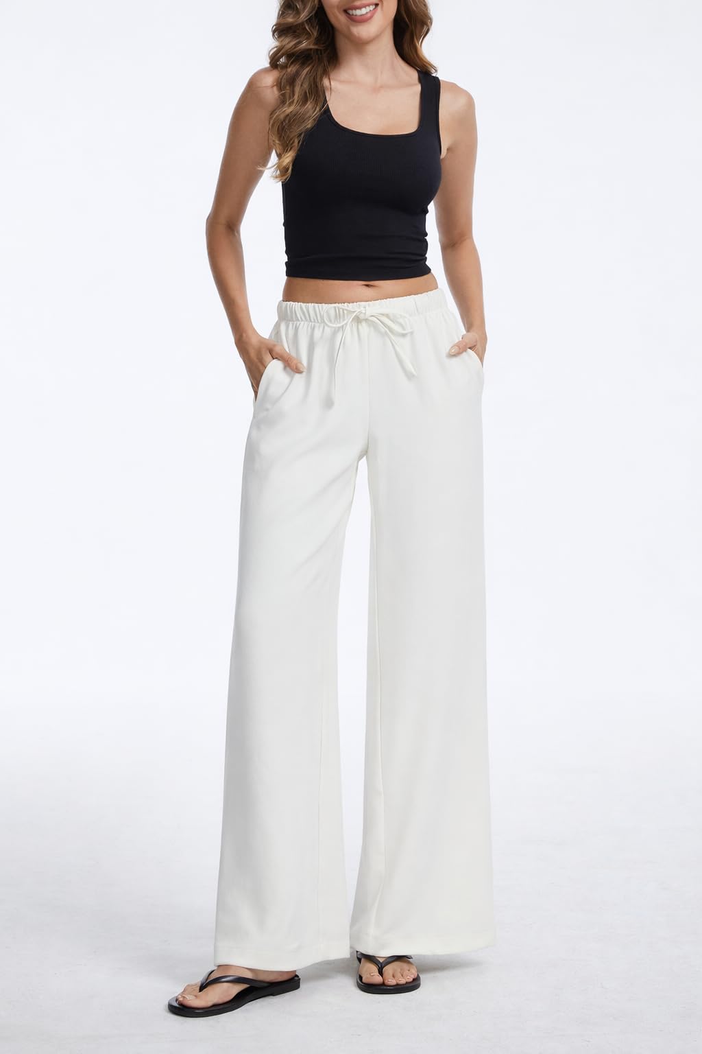 AnotherChill Women's High Waisted Wide Leg Crepe Pants Pull On Wrinkle Free Trousers with Pockets for Work Business Casual