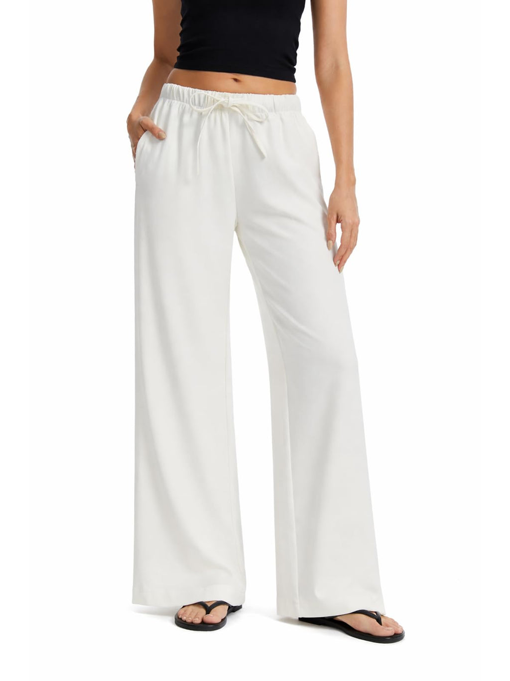 AnotherChill Women's High Waisted Wide Leg Crepe Pants Pull On Wrinkle Free Trousers with Pockets for Work Business Casual