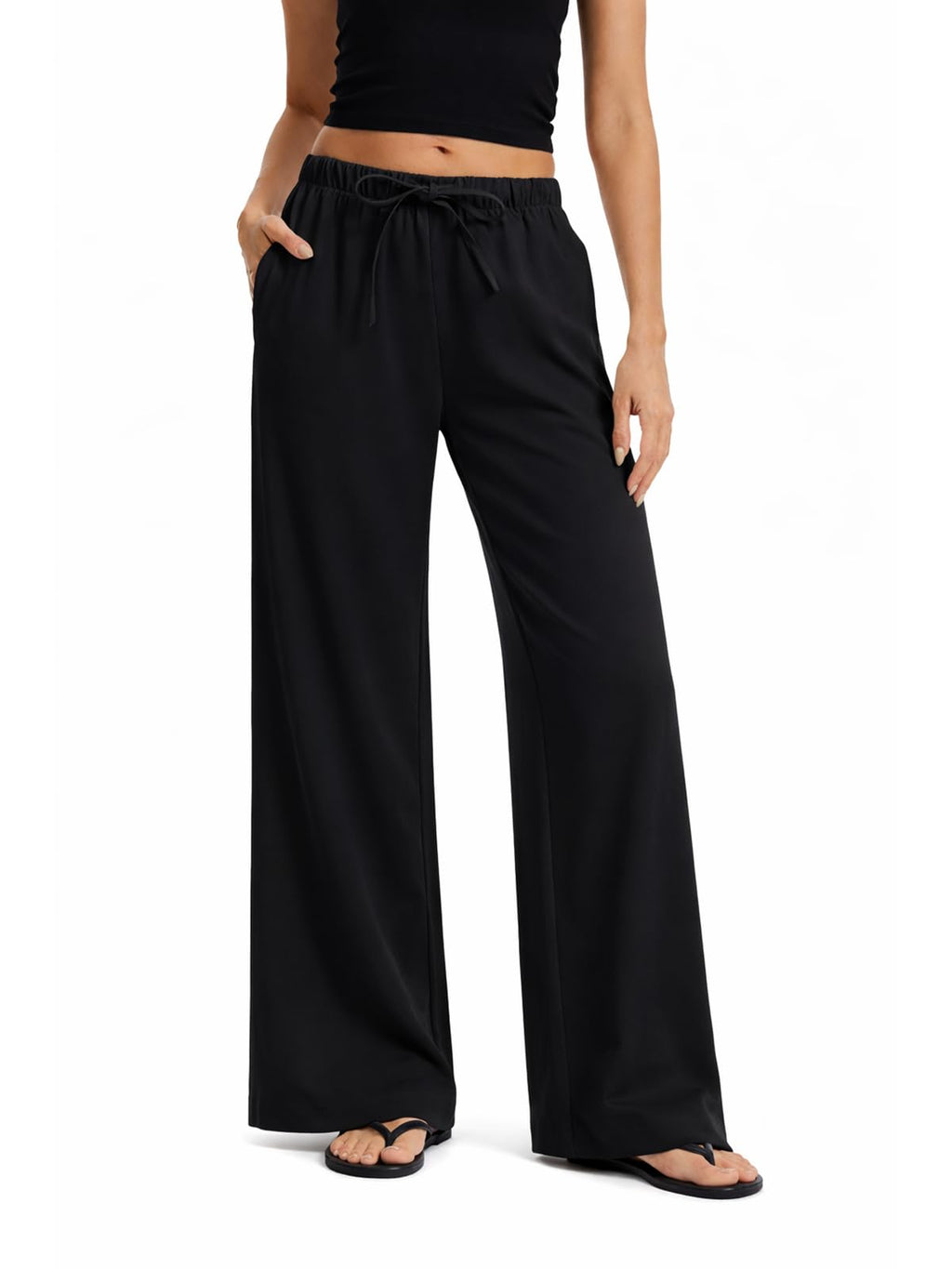 AnotherChill Women's High Waisted Wide Leg Crepe Pants Pull On Wrinkle Free Trousers with Pockets for Work Business Casual