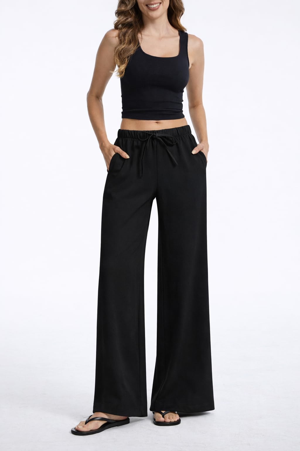 AnotherChill Women's High Waisted Wide Leg Crepe Pants Pull On Wrinkle Free Trousers with Pockets for Work Business Casual