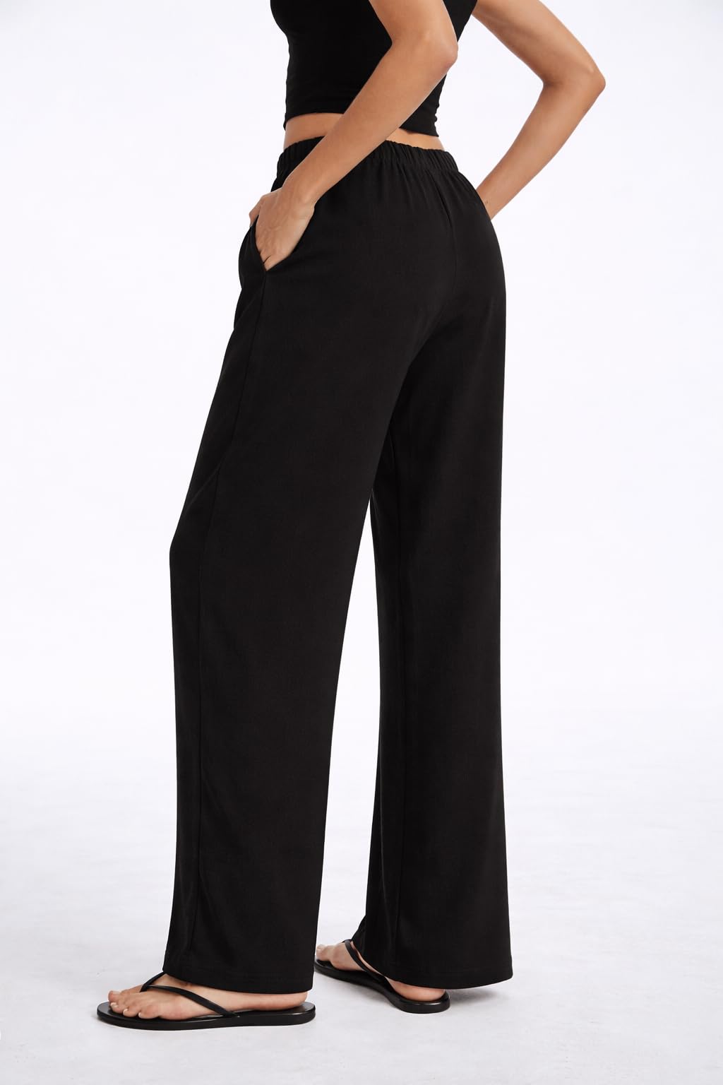 AnotherChill Women's High Waisted Wide Leg Crepe Pants Pull On Wrinkle Free Trousers with Pockets for Work Business Casual