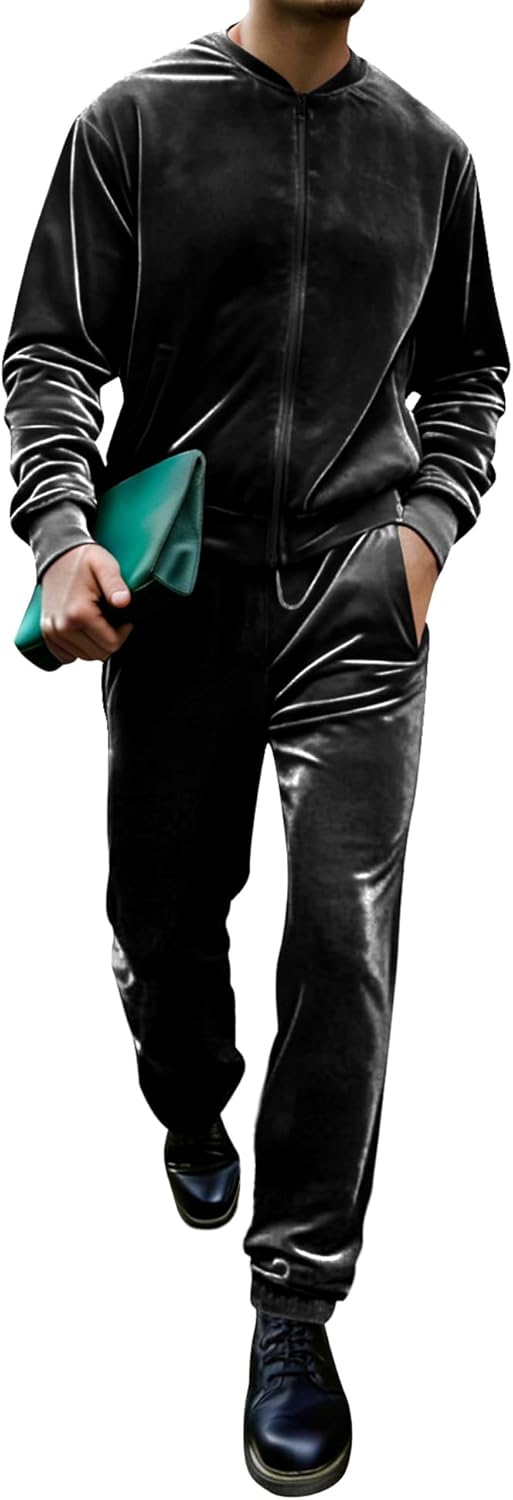 LecGee Men's 2 Piece Velour Tracksuit Full-zip Long Sleeve Sweatshirt and Jogger Pants Outfits Velvet Jacket Pants Set M-3XL