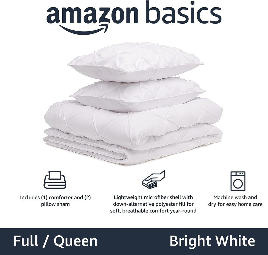Amazon Basics Soft, Breathable Queen Size Comforter Sets, All-Season Down-Alternative 3-Piece Bedding Set, Pinch Pleat Design, Full/Queen Size, Beige