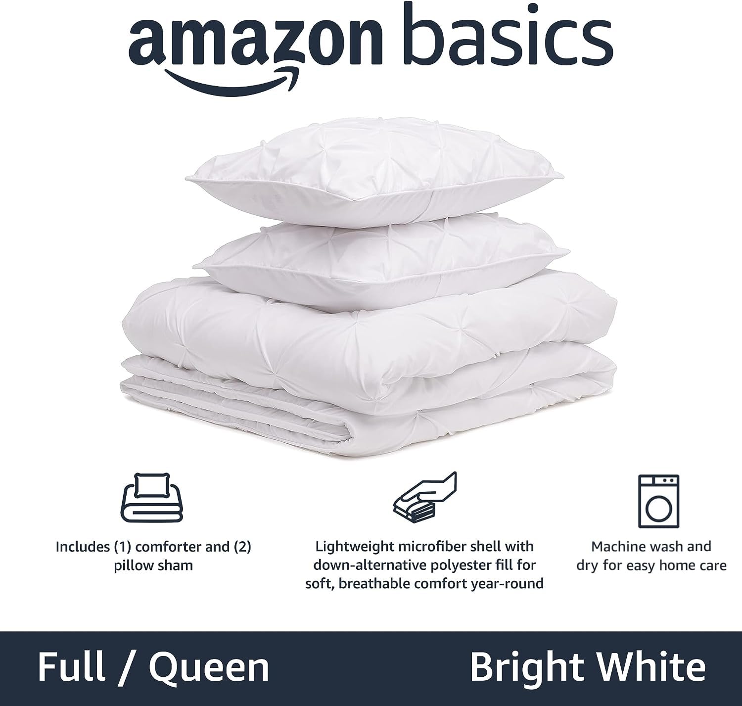 Amazon Basics Soft, Breathable Queen Size Comforter Sets, All-Season Down-Alternative 3-Piece Bedding Set, Pinch Pleat Design, Full/Queen Size, Beige