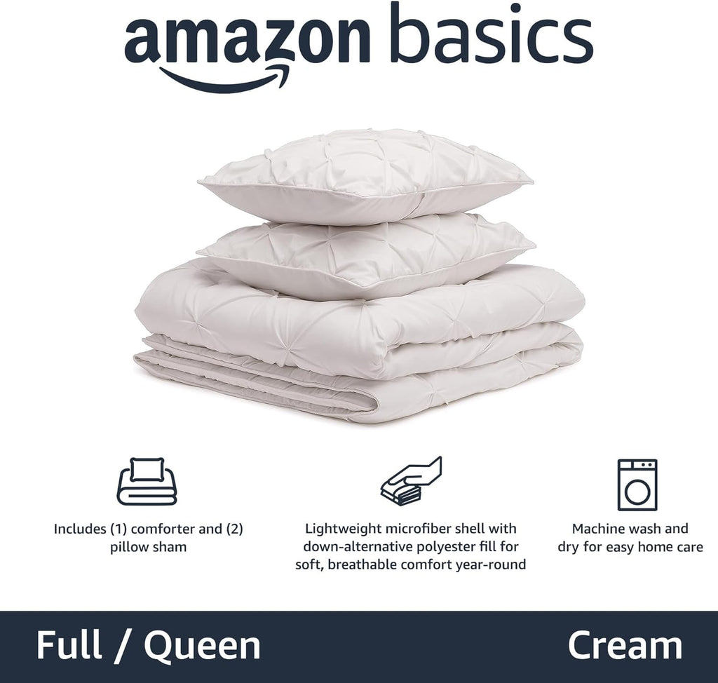Amazon Basics Soft, Breathable Queen Size Comforter Sets, All-Season Down-Alternative 3-Piece Bedding Set, Pinch Pleat Design, Full/Queen Size, Beige