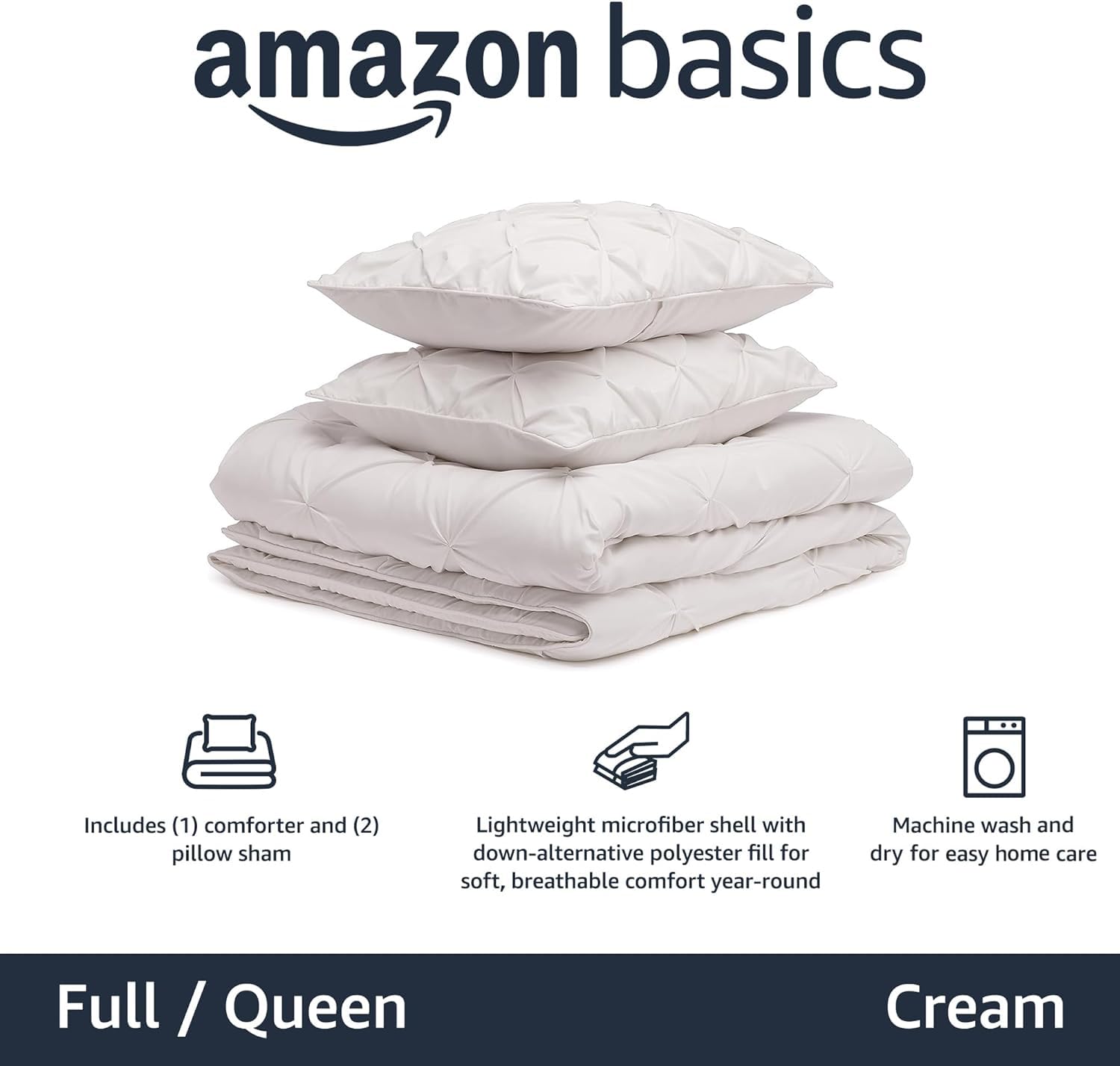 Amazon Basics Soft, Breathable Queen Size Comforter Sets, All-Season Down-Alternative 3-Piece Bedding Set, Pinch Pleat Design, Full/Queen Size, Beige