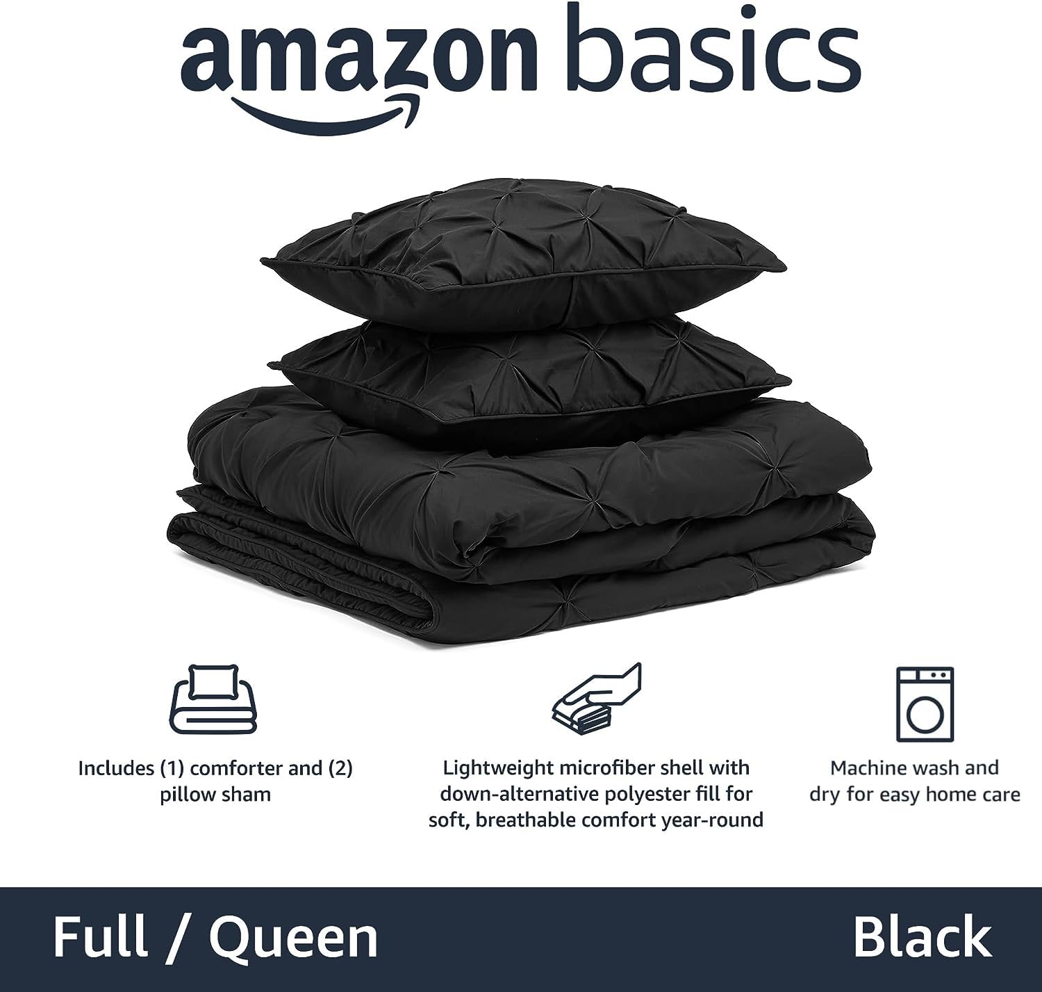 Amazon Basics Soft, Breathable Queen Size Comforter Sets, All-Season Down-Alternative 3-Piece Bedding Set, Pinch Pleat Design, Full/Queen Size, Beige