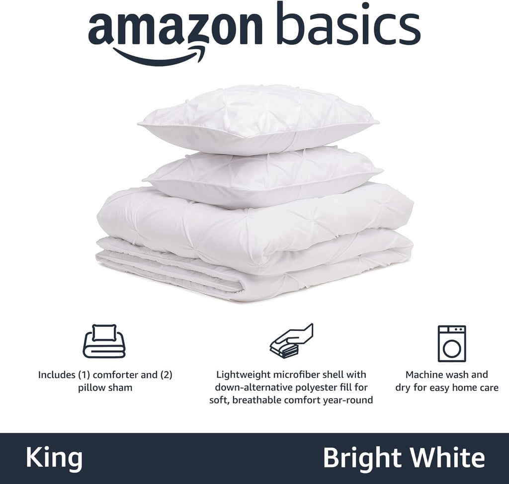 Amazon Basics Soft, Breathable Queen Size Comforter Sets, All-Season Down-Alternative 3-Piece Bedding Set, Pinch Pleat Design, Full/Queen Size, Beige