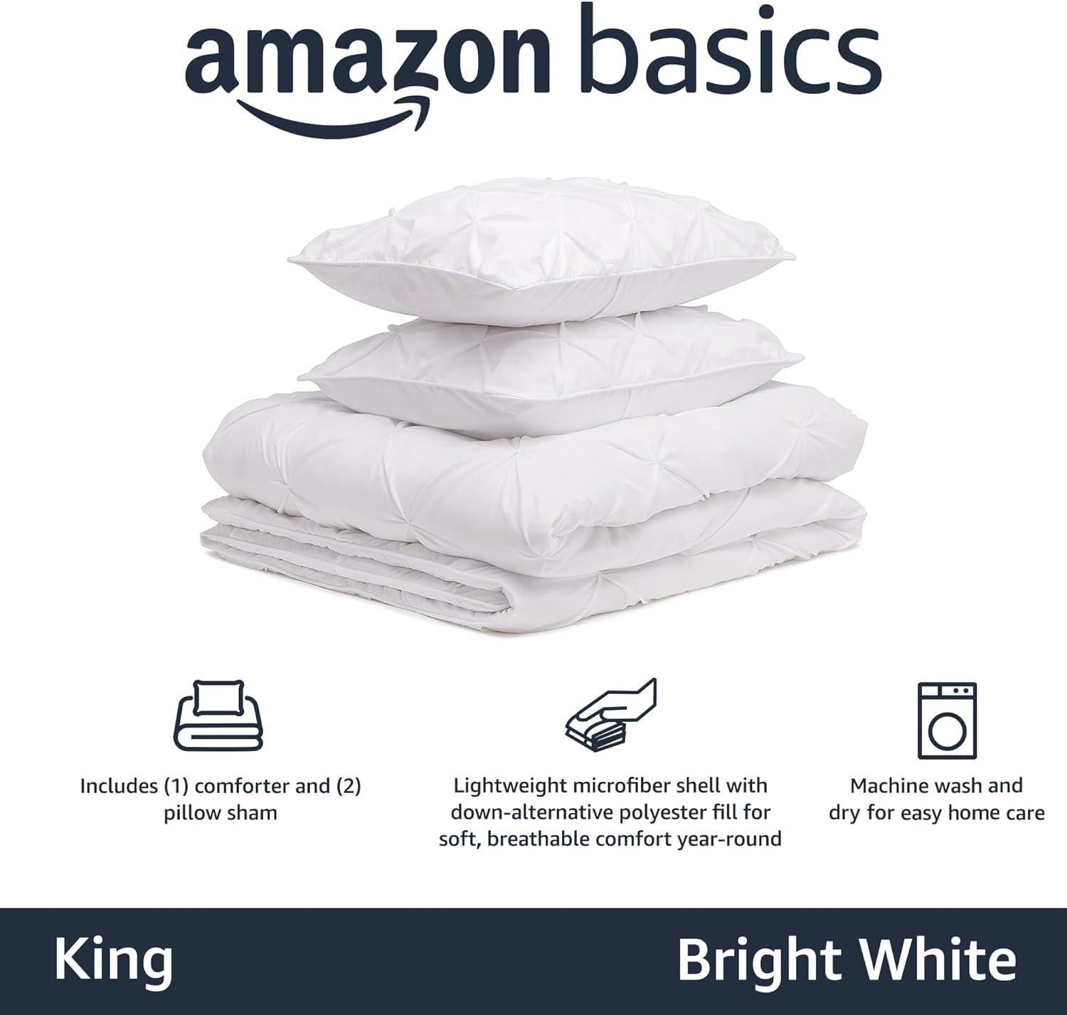 Amazon Basics Soft, Breathable Queen Size Comforter Sets, All-Season Down-Alternative 3-Piece Bedding Set, Pinch Pleat Design, Full/Queen Size, Beige