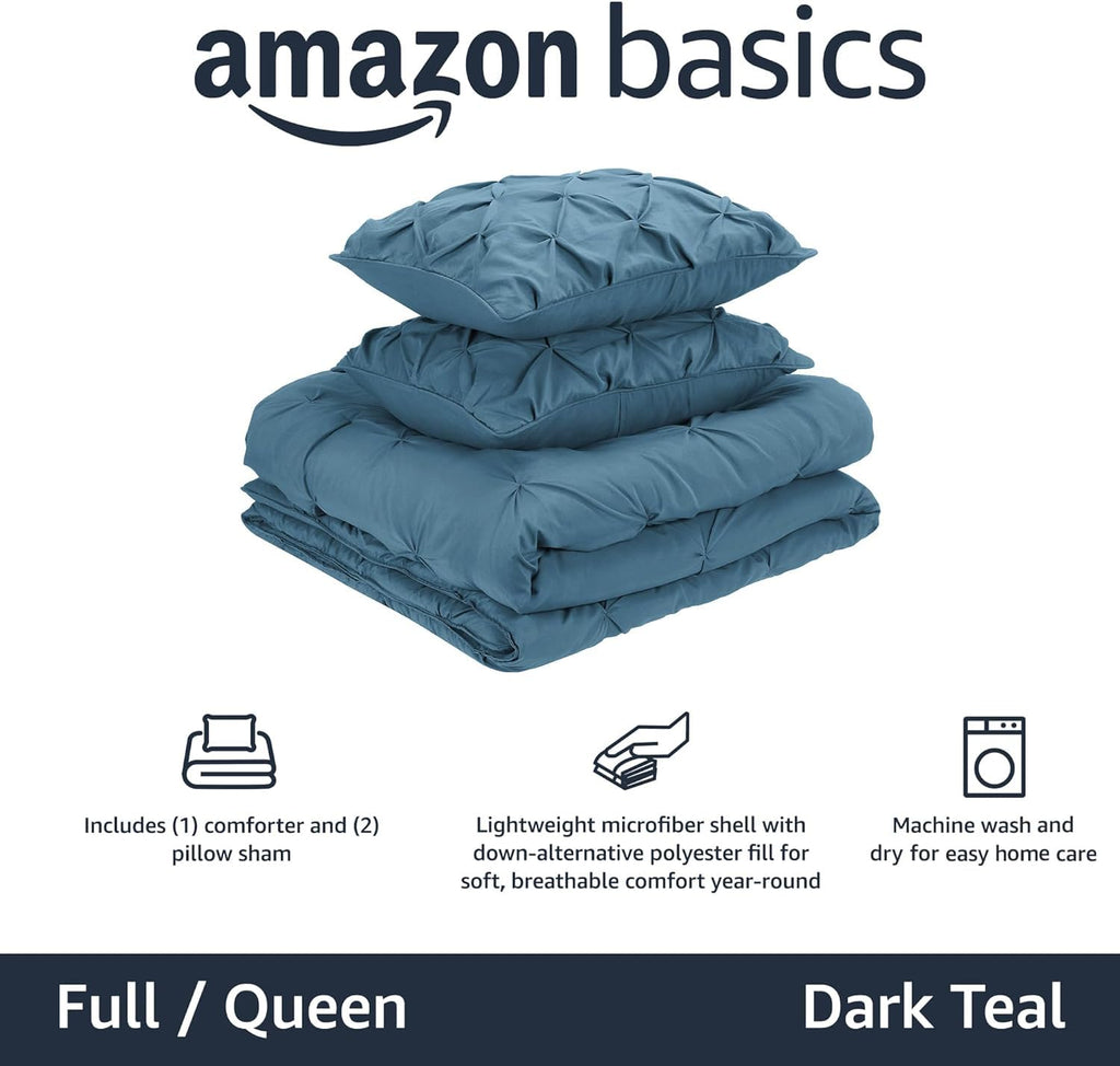 Amazon Basics Soft, Breathable Queen Size Comforter Sets, All-Season Down-Alternative 3-Piece Bedding Set, Pinch Pleat Design, Full/Queen Size, Beige