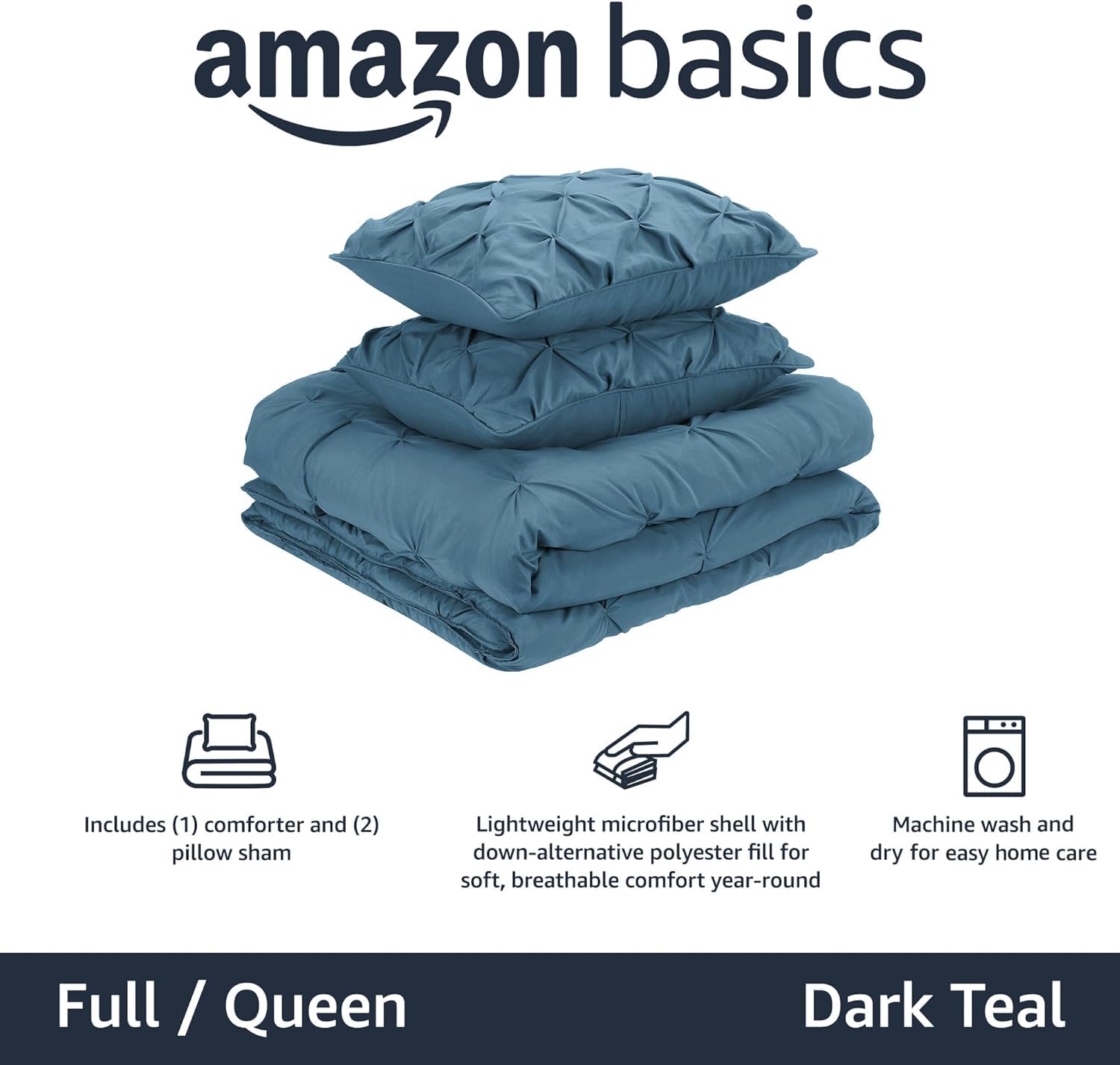 Amazon Basics Soft, Breathable Queen Size Comforter Sets, All-Season Down-Alternative 3-Piece Bedding Set, Pinch Pleat Design, Full/Queen Size, Beige