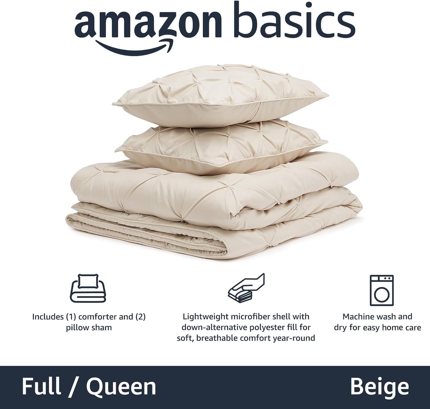 Amazon Basics Soft, Breathable Queen Size Comforter Sets, All-Season Down-Alternative 3-Piece Bedding Set, Pinch Pleat Design, Full/Queen Size, Beige