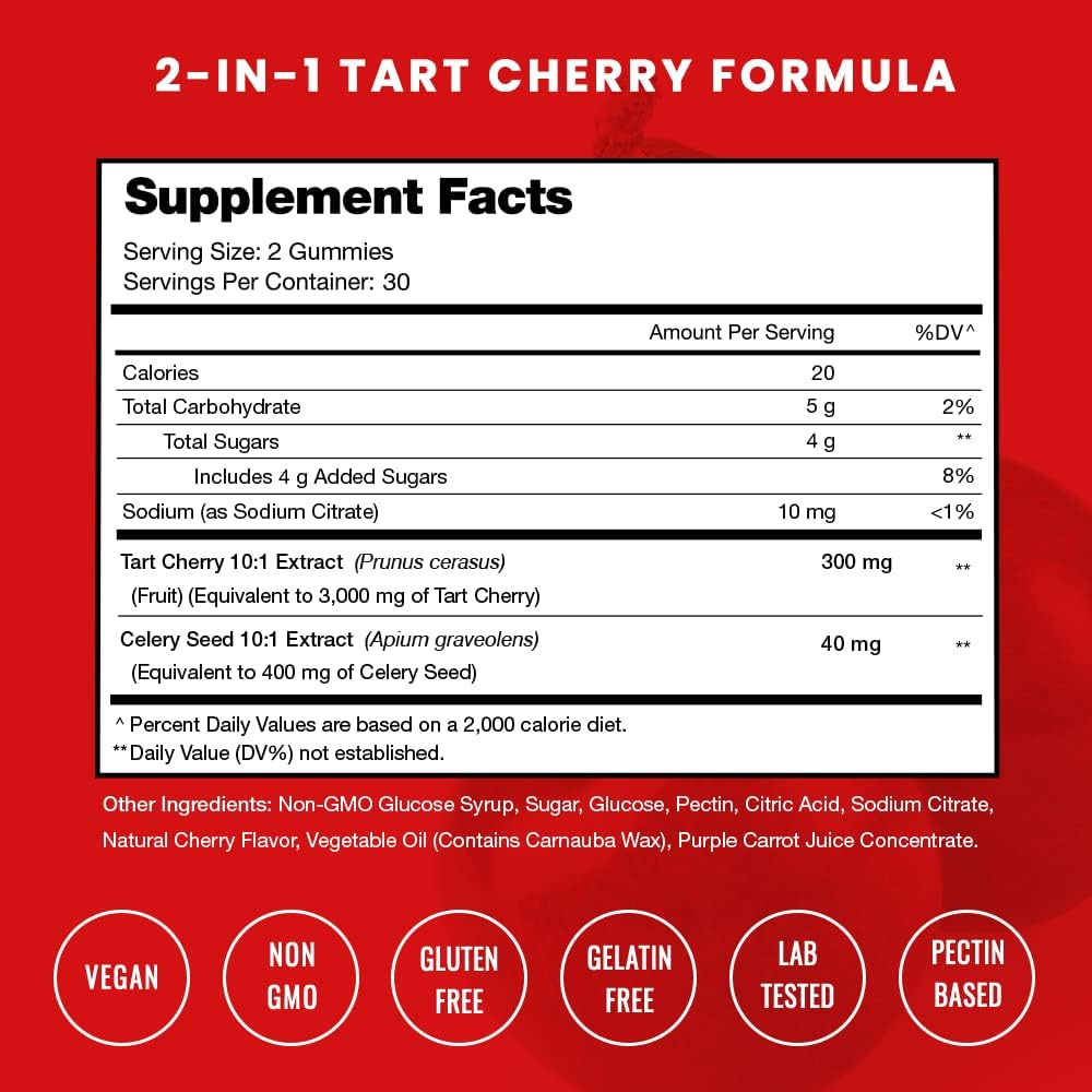 NutraChamps Tart Cherry Gummies - 3000mg Tart Cherry Extract with Celery Seed - Uric Acid Cleanse Supplement - Antioxidant, Joint Comfort, Flexibility, Immune Health, Sleep - 60 Vegan Gummies (2-Pack)