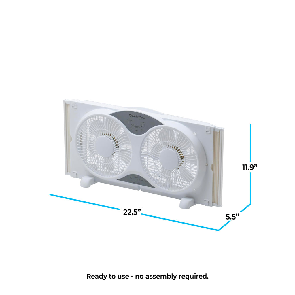 Comfort Zone Window Fan for Bedroom, 9 inch 3 Speed Dual Fans with Auto-Locking Expanders, 3 Modes (Cool, Circulate, Exhaust), Remote Control, Fabric Cover plus Bug Screen, White