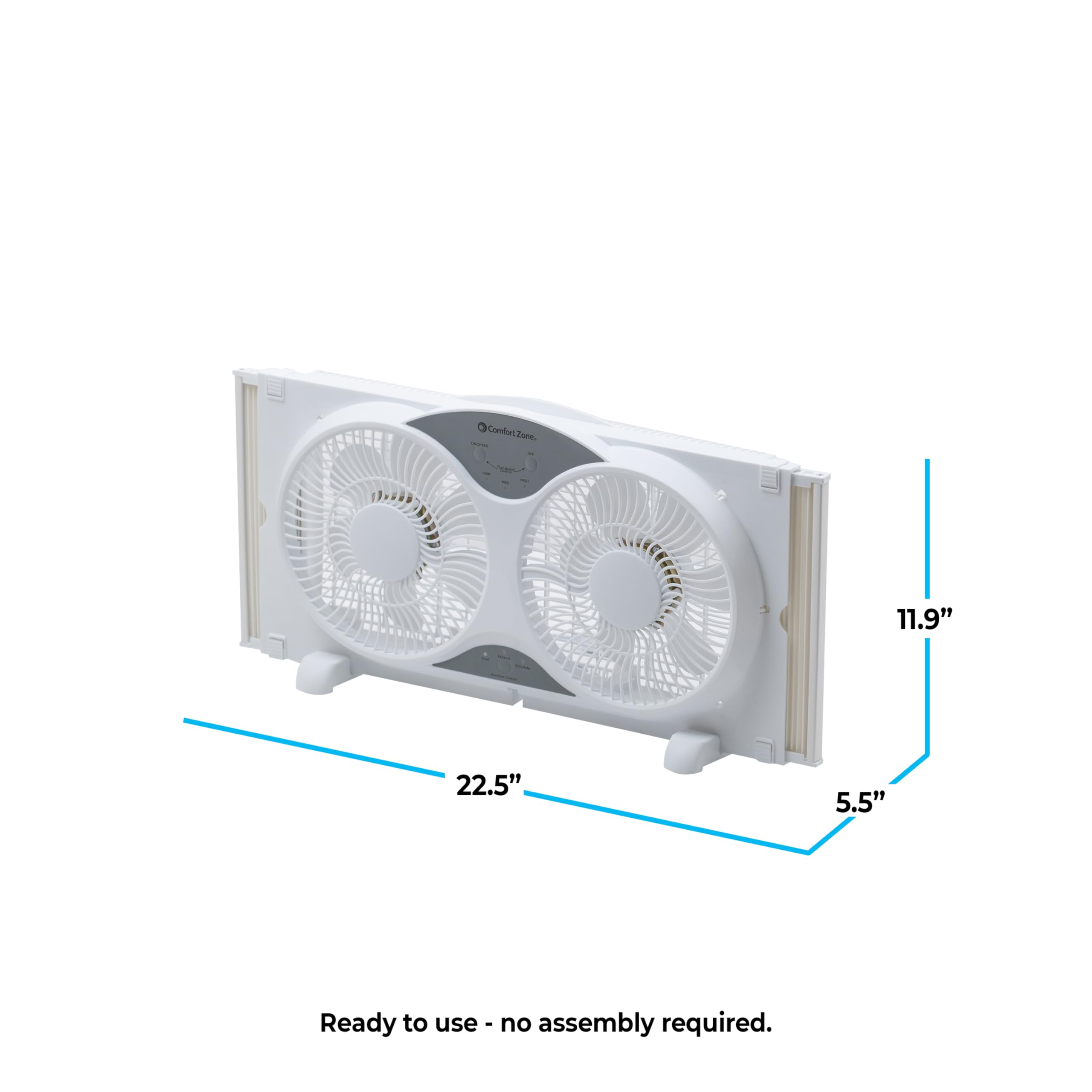 Comfort Zone Window Fan for Bedroom, 9 inch 3 Speed Dual Fans with Auto-Locking Expanders, 3 Modes (Cool, Circulate, Exhaust), Remote Control, Fabric Cover plus Bug Screen, White