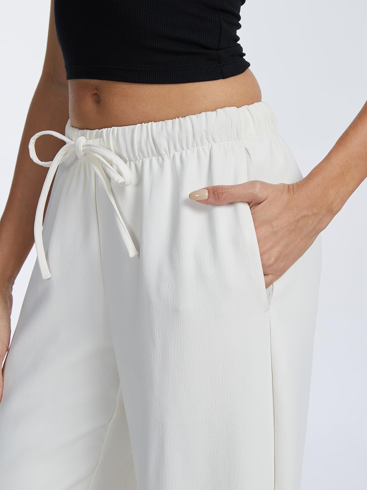 AnotherChill Women's High Waisted Wide Leg Crepe Pants Pull On Wrinkle Free Trousers with Pockets for Work Business Casual