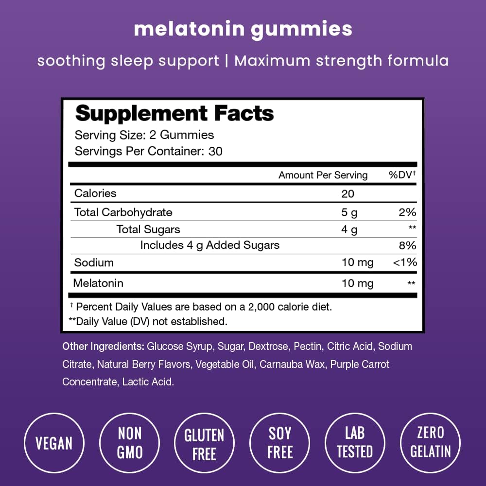 NutraChamps (Pack of 2 Melatonin Gummies for Adults, Extra Strength Sleep Aid Vitamins, 5mg or 10mg Dose, Vegan Natural Strawberry Flavor Supplement for Better Sleep, 120 Gummies