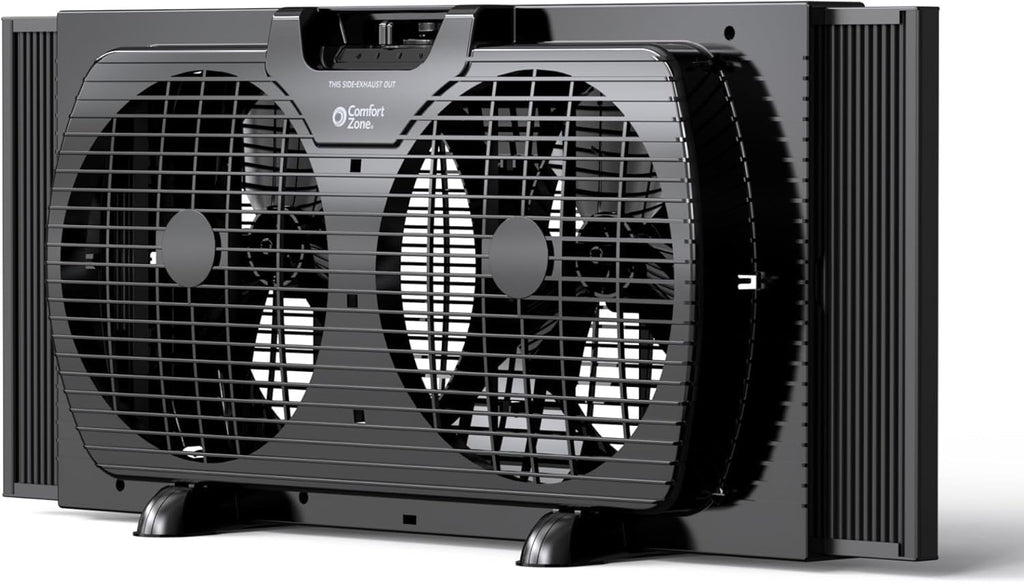 Comfort Zone Window Fan for Bedroom, 9 inch 3 Speed Dual Fans with Auto-Locking Expanders, 3 Modes (Cool, Circulate, Exhaust), Remote Control, Fabric Cover plus Bug Screen, White
