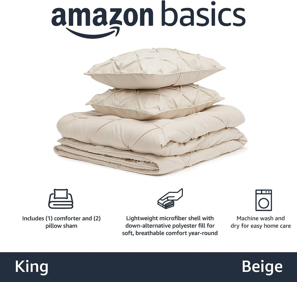 Amazon Basics Soft, Breathable Queen Size Comforter Sets, All-Season Down-Alternative 3-Piece Bedding Set, Pinch Pleat Design, Full/Queen Size, Beige