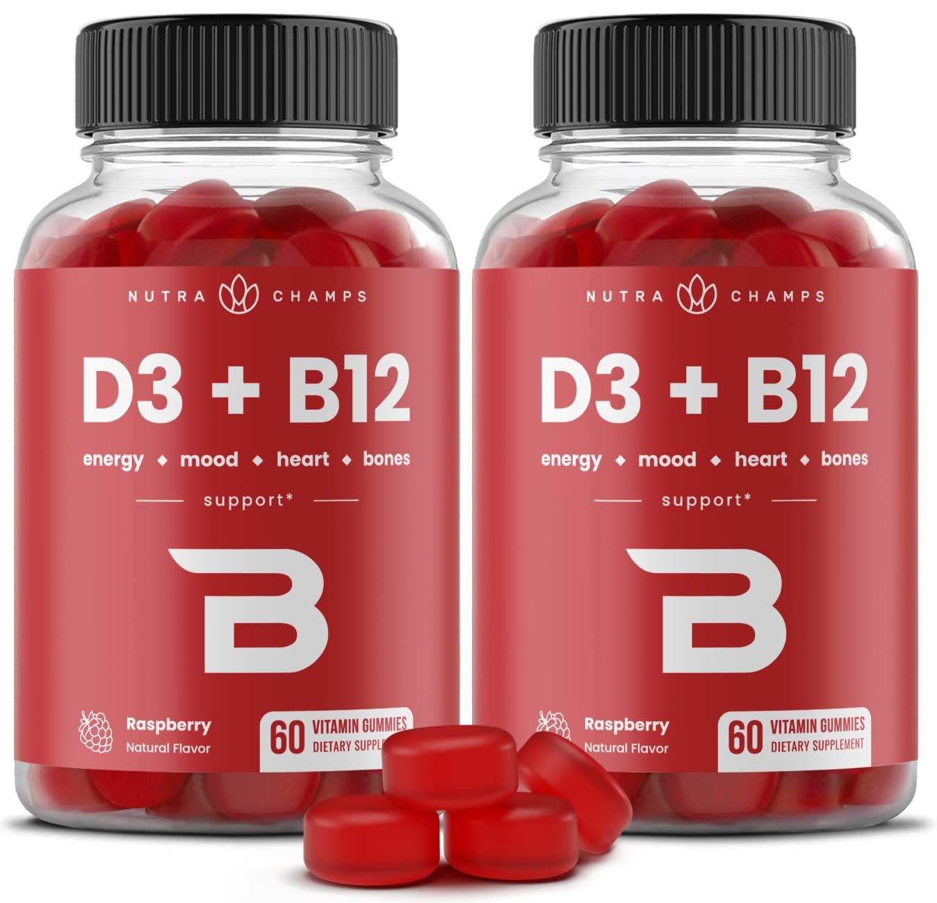 NutraChamps Vitamin D3 & B12, Methyl B12 Gummies for Adults & Kids, Enhanced with Vitamin D 3 & B9 Vitamin Folate, Natural Energy, Mood, Metabolism & Focus, Raspberry, 60 Gummies