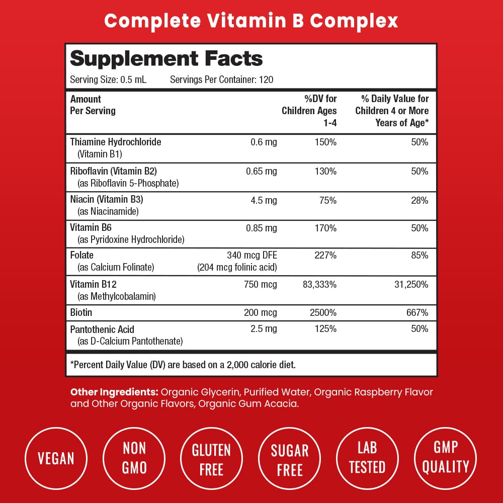 NutraChamps Vitamin B Complex for Kids, B1, B2, B3, B6, B7, B9 & Methyl B12, Kids B Complex Liquid Drops Supplement, Energy, Focus, Metabolism, Natural Berry, 120 Servings, 4 Month Supply