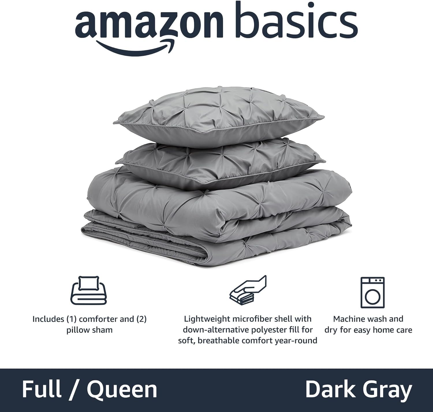 Amazon Basics Soft, Breathable Queen Size Comforter Sets, All-Season Down-Alternative 3-Piece Bedding Set, Pinch Pleat Design, Full/Queen Size, Beige