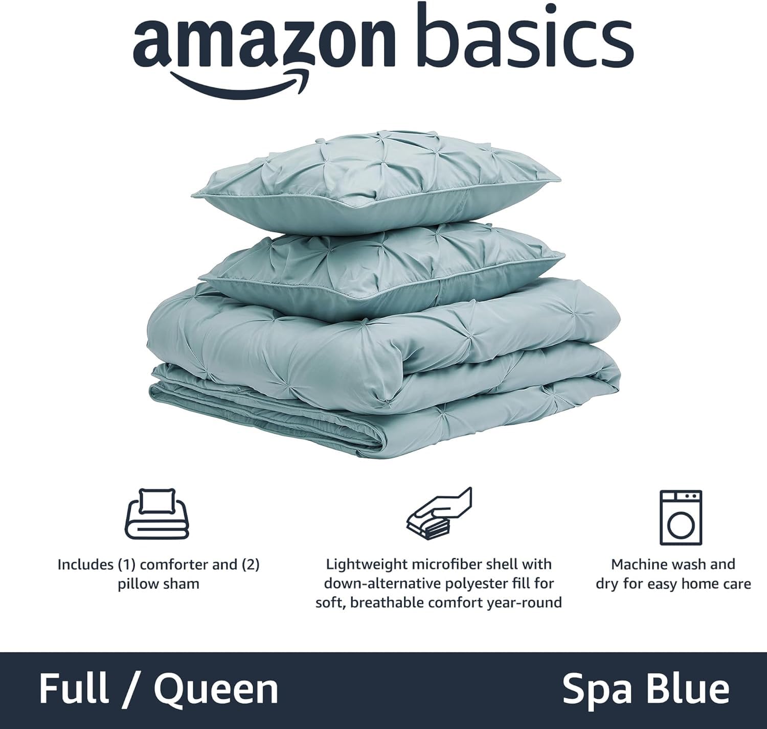 Amazon Basics Soft, Breathable Queen Size Comforter Sets, All-Season Down-Alternative 3-Piece Bedding Set, Pinch Pleat Design, Full/Queen Size, Beige