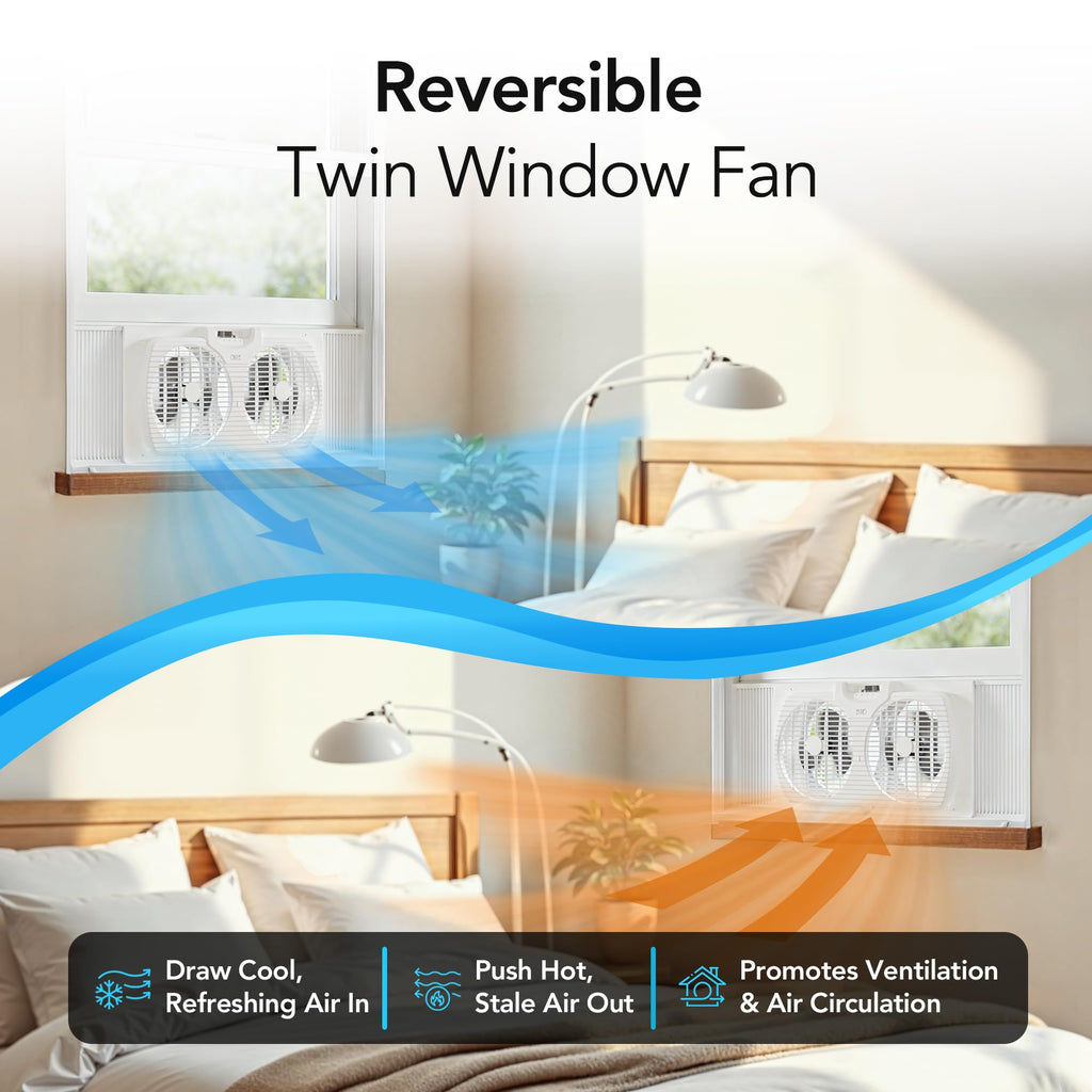Comfort Zone Window Fan for Bedroom, 9 inch 3 Speed Dual Fans with Auto-Locking Expanders, 3 Modes (Cool, Circulate, Exhaust), Remote Control, Fabric Cover plus Bug Screen, White