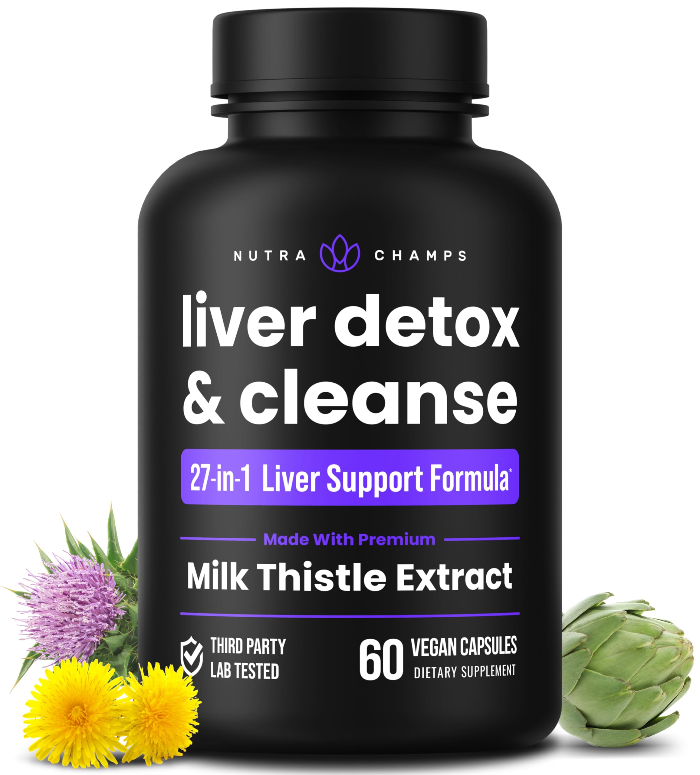 NutraChamps Liver Cleanse Detox & Repair Formula, 20+ Herbs: Milk Thistle Extract with Silymarin, Artichoke, Dandelion, Chicory Root Powder, Liver Support Pills Supplement, 60 Capsules
