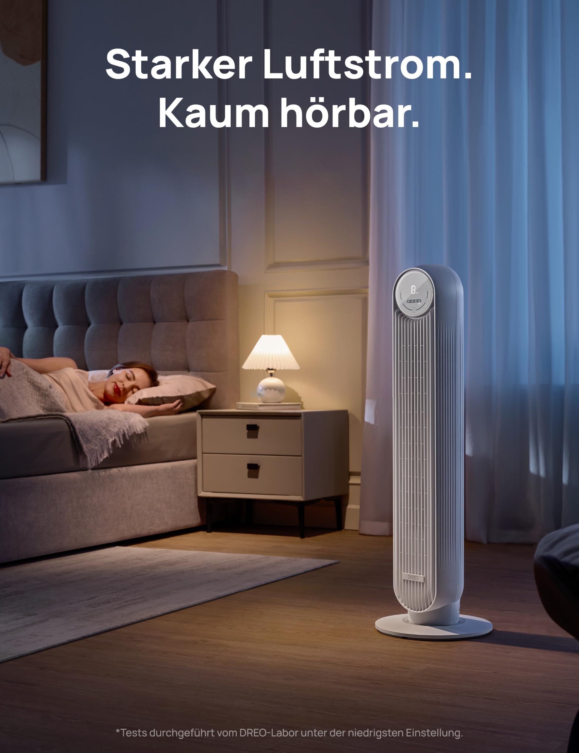 DREO 20dB Leiser Turmventilator, 10 m Wurfweite 4 Geschwindigstufen 4 Modi 8 Std. Timer 90° oszillierende Ventilator mit Kühlung Fernbedienung für Schlafzimmer, Nomad One, Schwarz