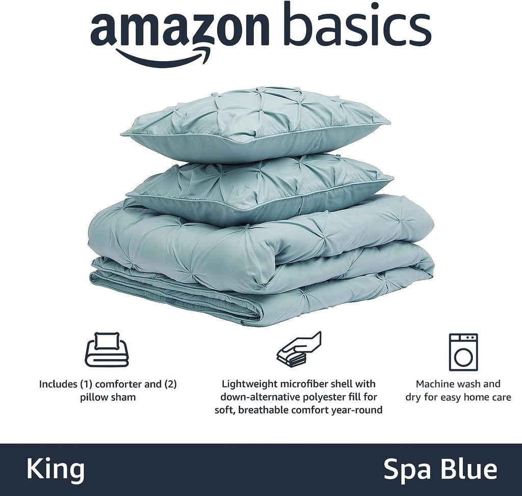 Amazon Basics Soft, Breathable Queen Size Comforter Sets, All-Season Down-Alternative 3-Piece Bedding Set, Pinch Pleat Design, Full/Queen Size, Beige