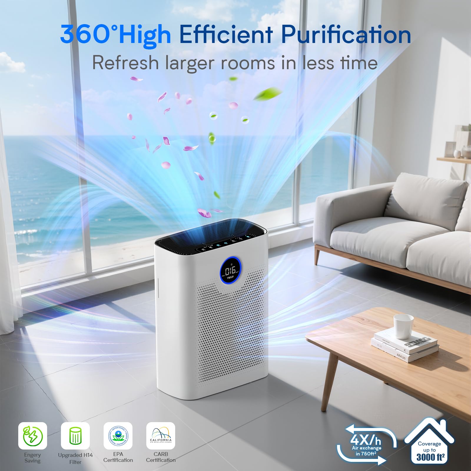 Air Purifiers for Home Large Room up to 3000 ft², VNIUP H14 True HEPA Air Purifier for Bedroom, PM 2.5 Display Air Quality Sensor Air Cleaner for for Whole Home Dorm Room Bedroom Office, ZQA-8000A