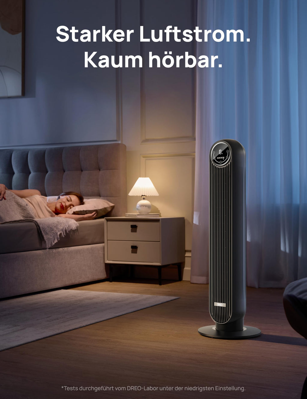 DREO 20dB Leiser Turmventilator, 10 m Wurfweite 4 Geschwindigstufen 4 Modi 8 Std. Timer 90° oszillierende Ventilator mit Kühlung Fernbedienung für Schlafzimmer, Nomad One, Schwarz
