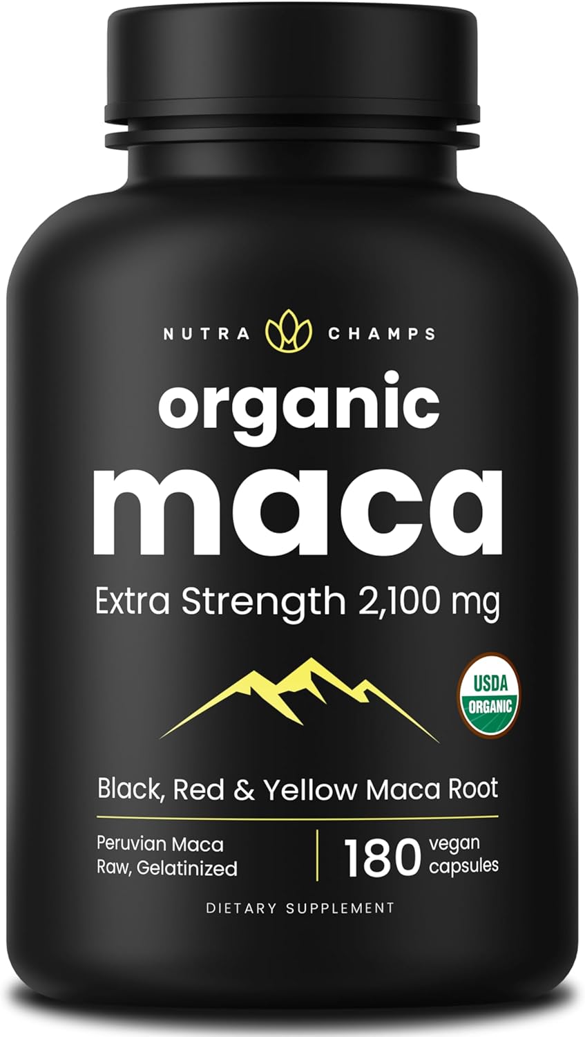 NutraChamps USDA Organic Maca Root Capsules for Women & Men, 2100mg, 180 Capsules, Black, Red & Yellow, Peruvian Maca Peruana, Extra Strength Pure Premium Gelatinized Root Powder Supplement