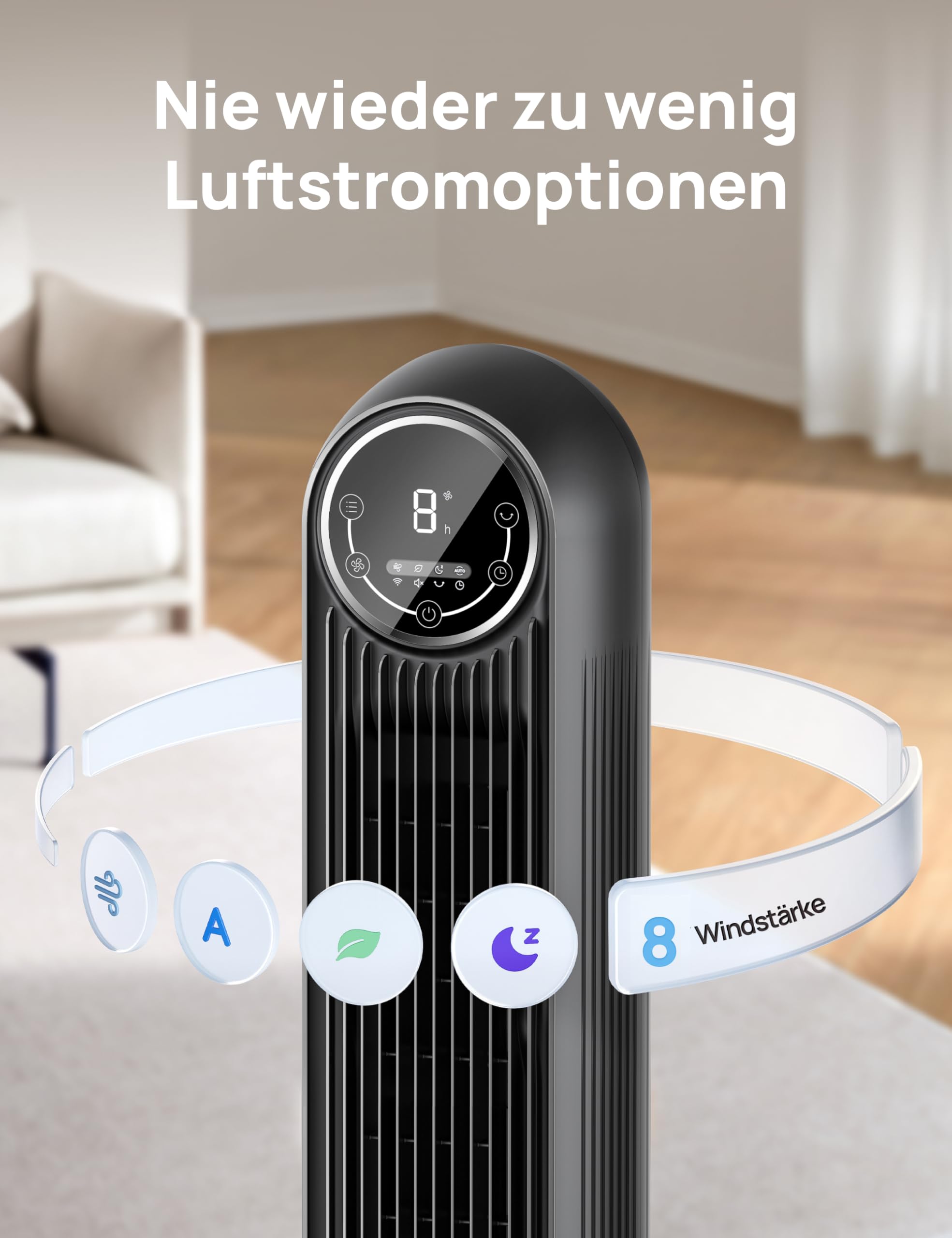 DREO 20dB Leiser Turmventilator, 10 m Wurfweite 4 Geschwindigstufen 4 Modi 8 Std. Timer 90° oszillierende Ventilator mit Kühlung Fernbedienung für Schlafzimmer, Nomad One, Schwarz