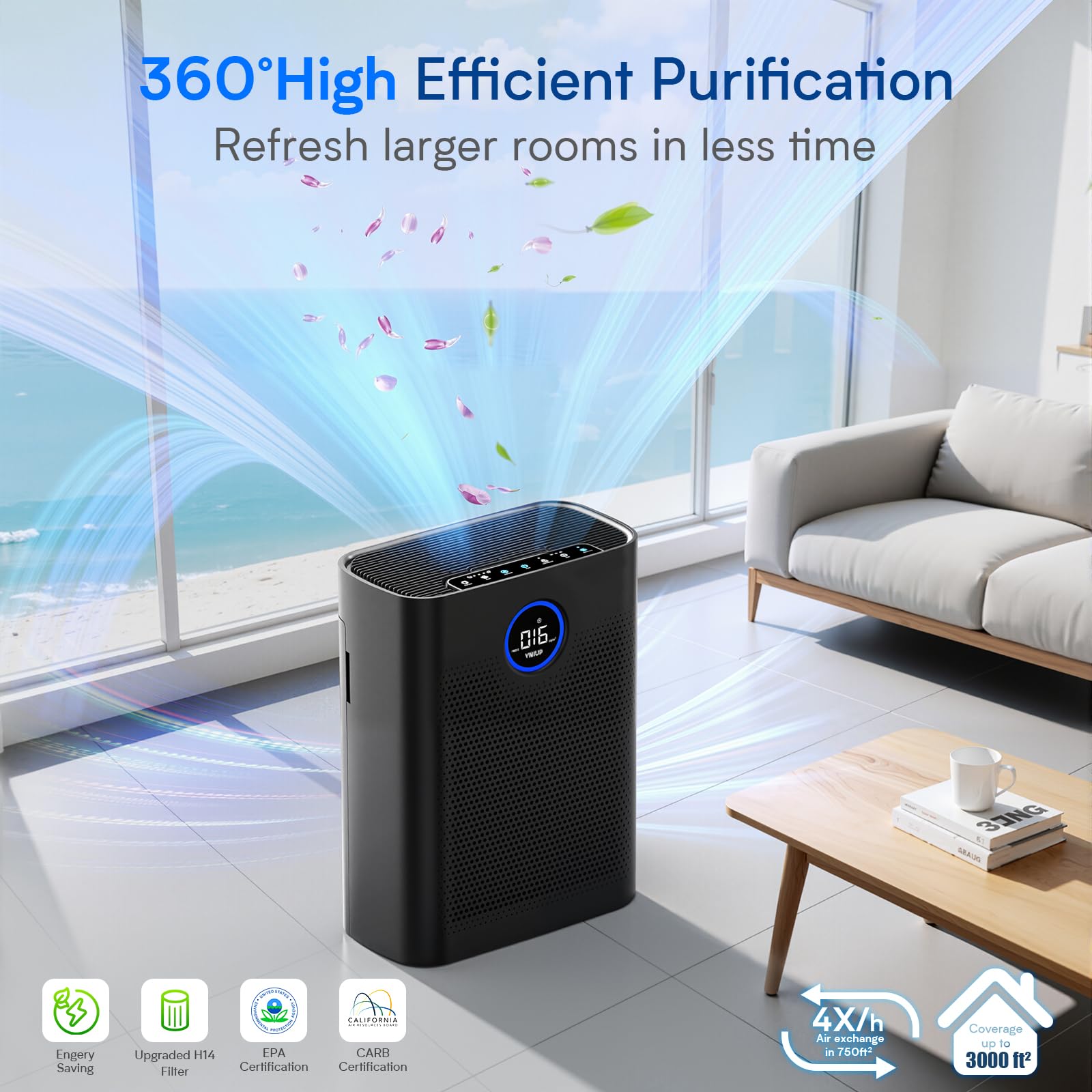 Air Purifiers for Home Large Room up to 3000 ft², VNIUP H14 True HEPA Air Purifier for Bedroom, PM 2.5 Display Air Quality Sensor Air Cleaner for for Whole Home Dorm Room Bedroom Office, ZQA-8000A