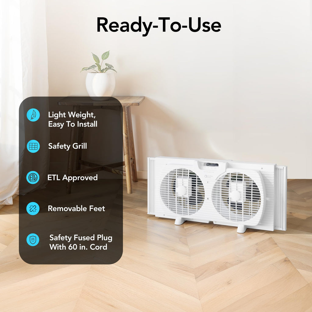Comfort Zone Window Fan for Bedroom, 9 inch 3 Speed Dual Fans with Auto-Locking Expanders, 3 Modes (Cool, Circulate, Exhaust), Remote Control, Fabric Cover plus Bug Screen, White