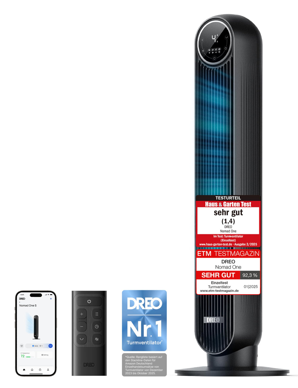 DREO 20dB Leiser Turmventilator, 10 m Wurfweite 4 Geschwindigstufen 4 Modi 8 Std. Timer 90° oszillierende Ventilator mit Kühlung Fernbedienung für Schlafzimmer, Nomad One, Schwarz