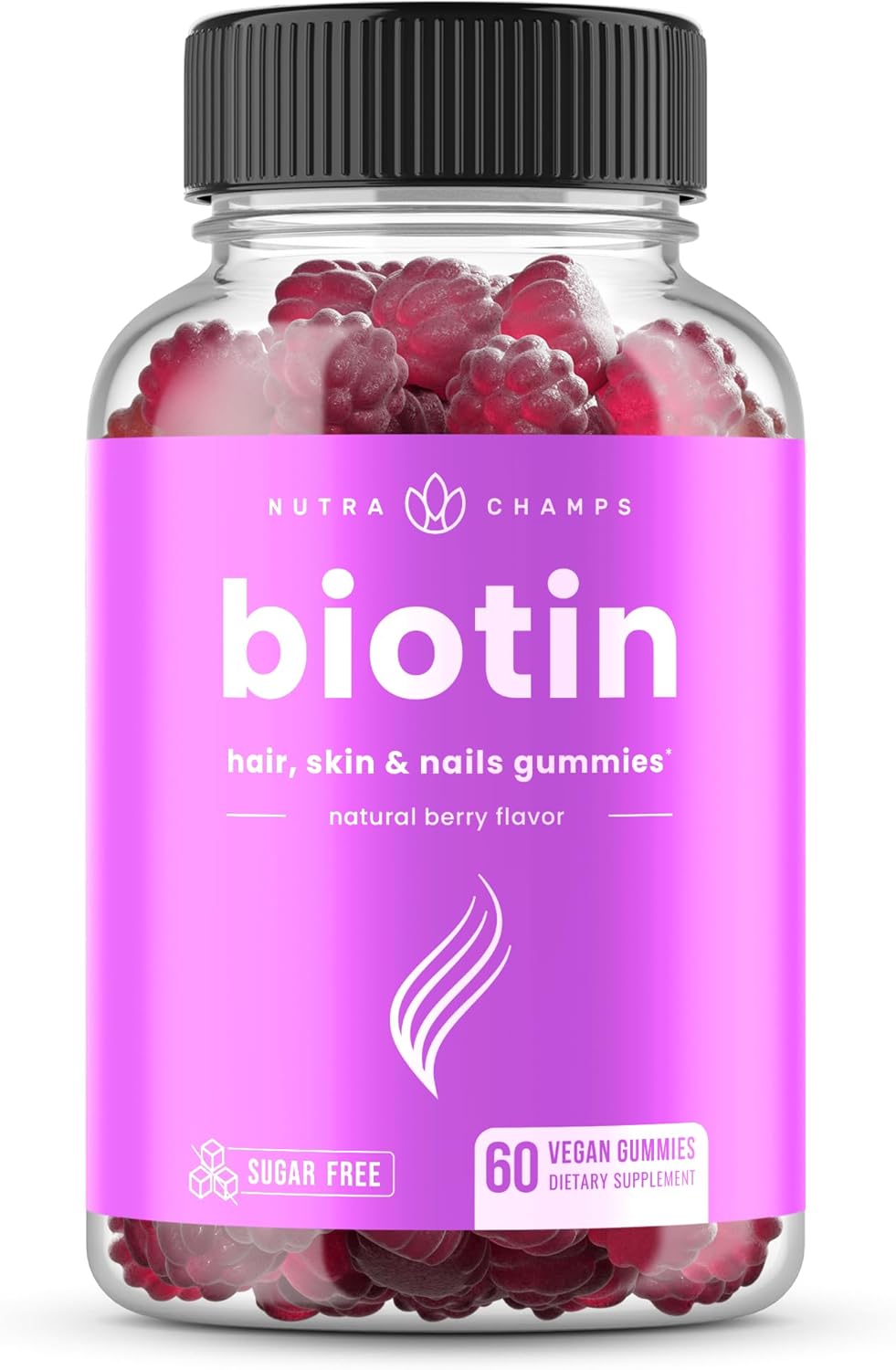 NutraChamps Sugar Free Biotin Gummies 10000mcg [High Potency] - Healthy Hair, Skin & Nails for Women, Men & Kids - 5000mcg in Each Gummy - Vegan, Non-GMO, Hair Health Vitamins Supplement - Raspberry