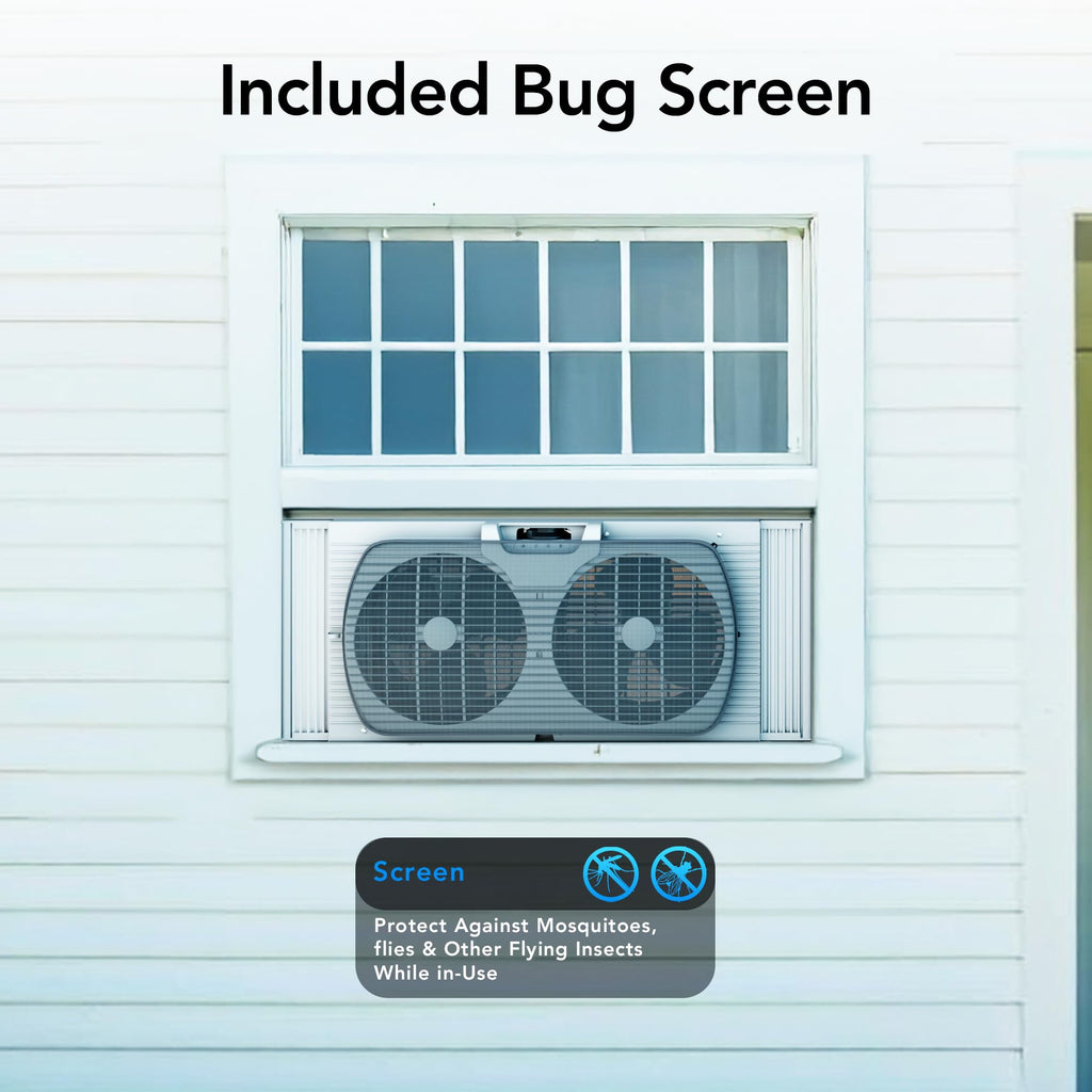 Comfort Zone Window Fan for Bedroom, 9 inch 3 Speed Dual Fans with Auto-Locking Expanders, 3 Modes (Cool, Circulate, Exhaust), Remote Control, Fabric Cover plus Bug Screen, White