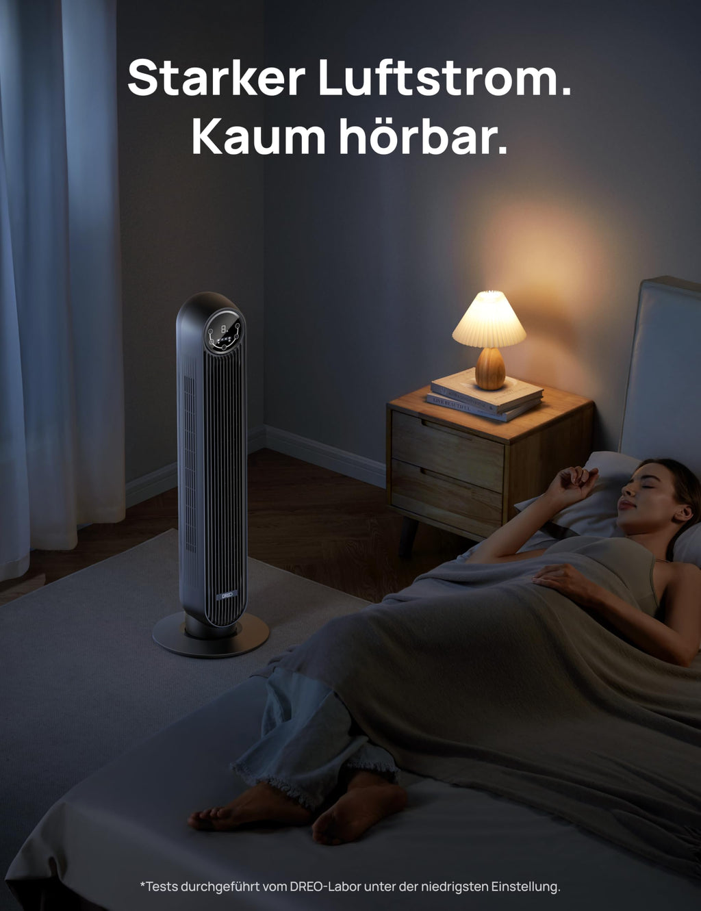 DREO 20dB Leiser Turmventilator, 10 m Wurfweite 4 Geschwindigstufen 4 Modi 8 Std. Timer 90° oszillierende Ventilator mit Kühlung Fernbedienung für Schlafzimmer, Nomad One, Schwarz