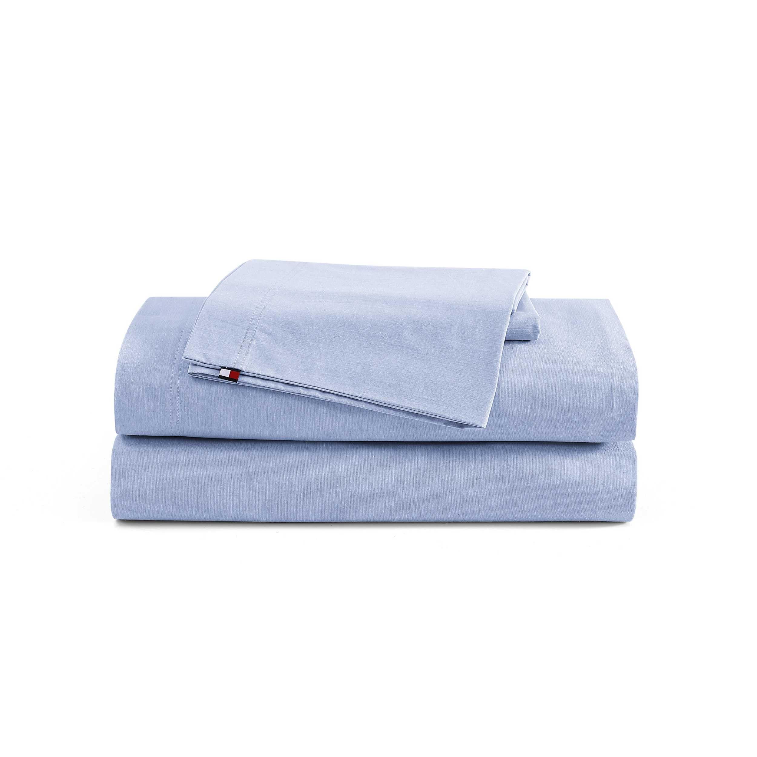 Tommy Hilfiger - Twin Sheet Set, Cotton Chambray Bedding with Matching Pillowcase, Lightweight Weave, Subtle Textured Bed Sheets (Blue)