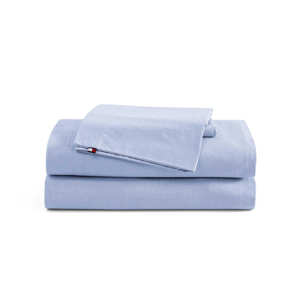 Tommy Hilfiger - Twin Sheet Set, Cotton Chambray Bedding with Matching Pillowcase, Lightweight Weave, Subtle Textured Bed Sheets (Blue)