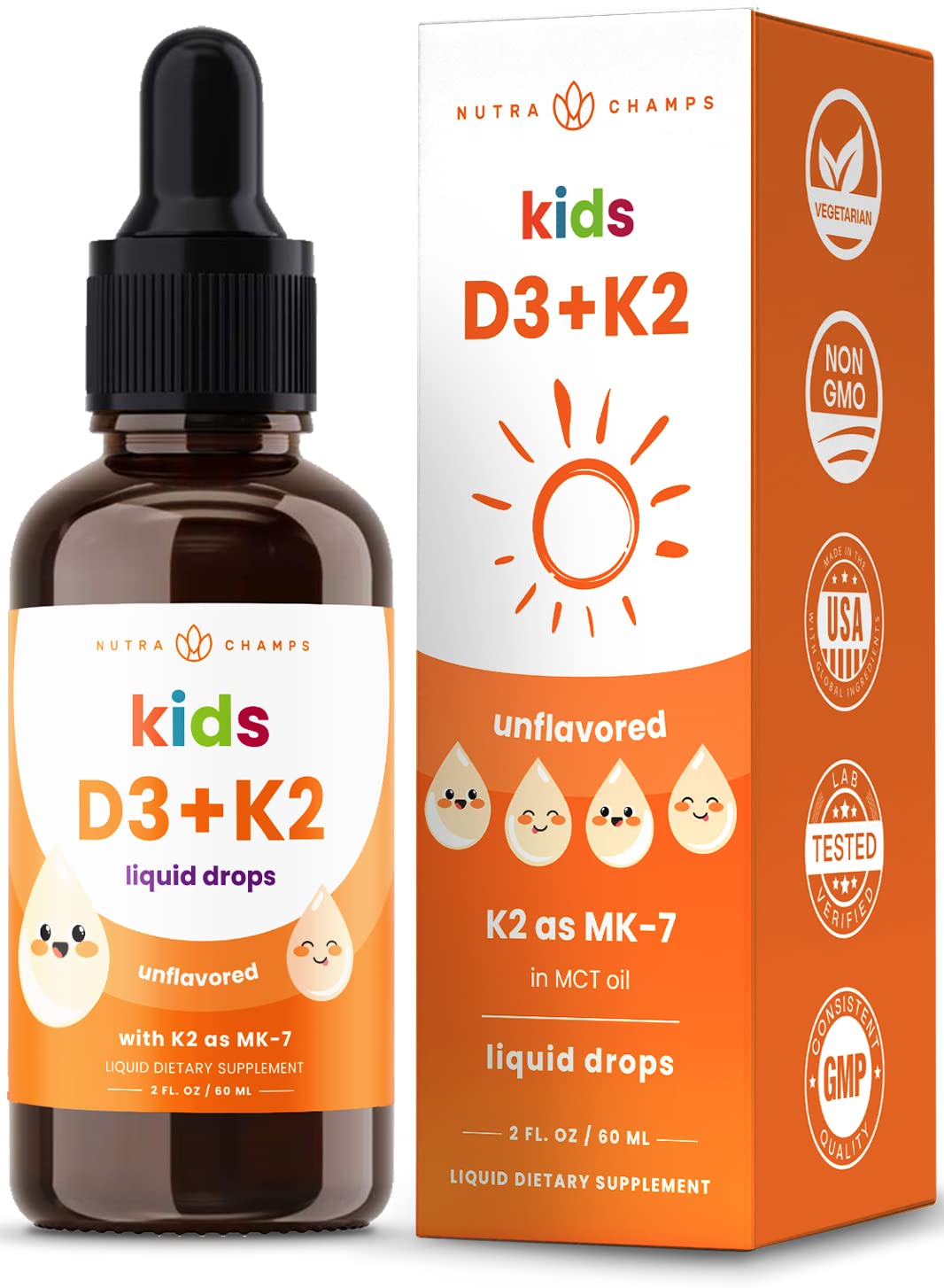 NutraChamps Kids Vitamin D 3 K2 Drops, Vitamin D3 & K2 MK-7, Liquid Vitamin D for Kids 1000 IU, Healthy Bones, Heart & Immune System, Sugar Free Supplement for Toddlers, 300 Servings