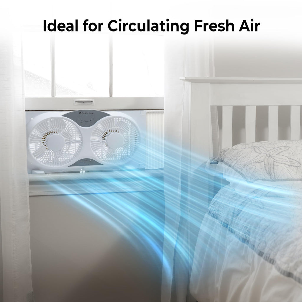 Comfort Zone Window Fan for Bedroom, 9 inch 3 Speed Dual Fans with Auto-Locking Expanders, 3 Modes (Cool, Circulate, Exhaust), Remote Control, Fabric Cover plus Bug Screen, White