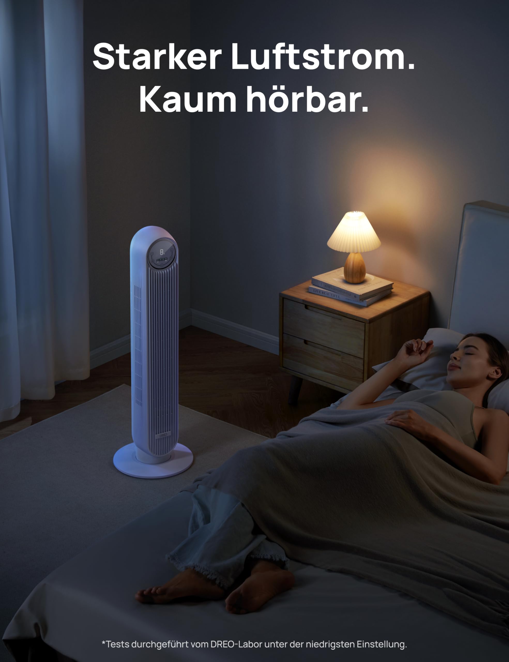 DREO 20dB Leiser Turmventilator, 10 m Wurfweite 4 Geschwindigstufen 4 Modi 8 Std. Timer 90° oszillierende Ventilator mit Kühlung Fernbedienung für Schlafzimmer, Nomad One, Schwarz