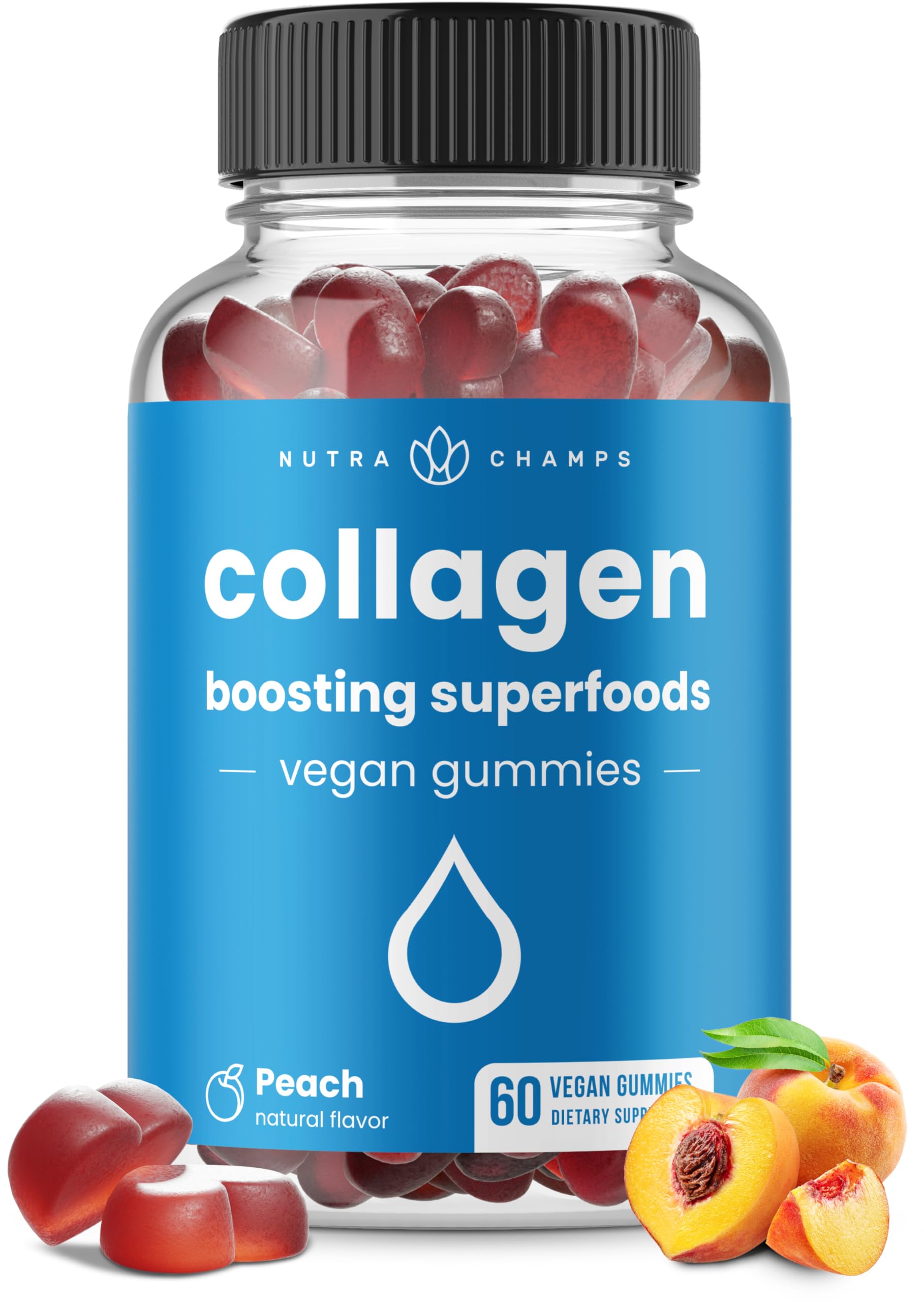 NutraChamps Collagen Boosting Gummies, Collagen Booster Gummy for Natural Collagen Production, Vegan Pectin Supplements Chews for Women & Men, 60 Peach Vitamins Gummies