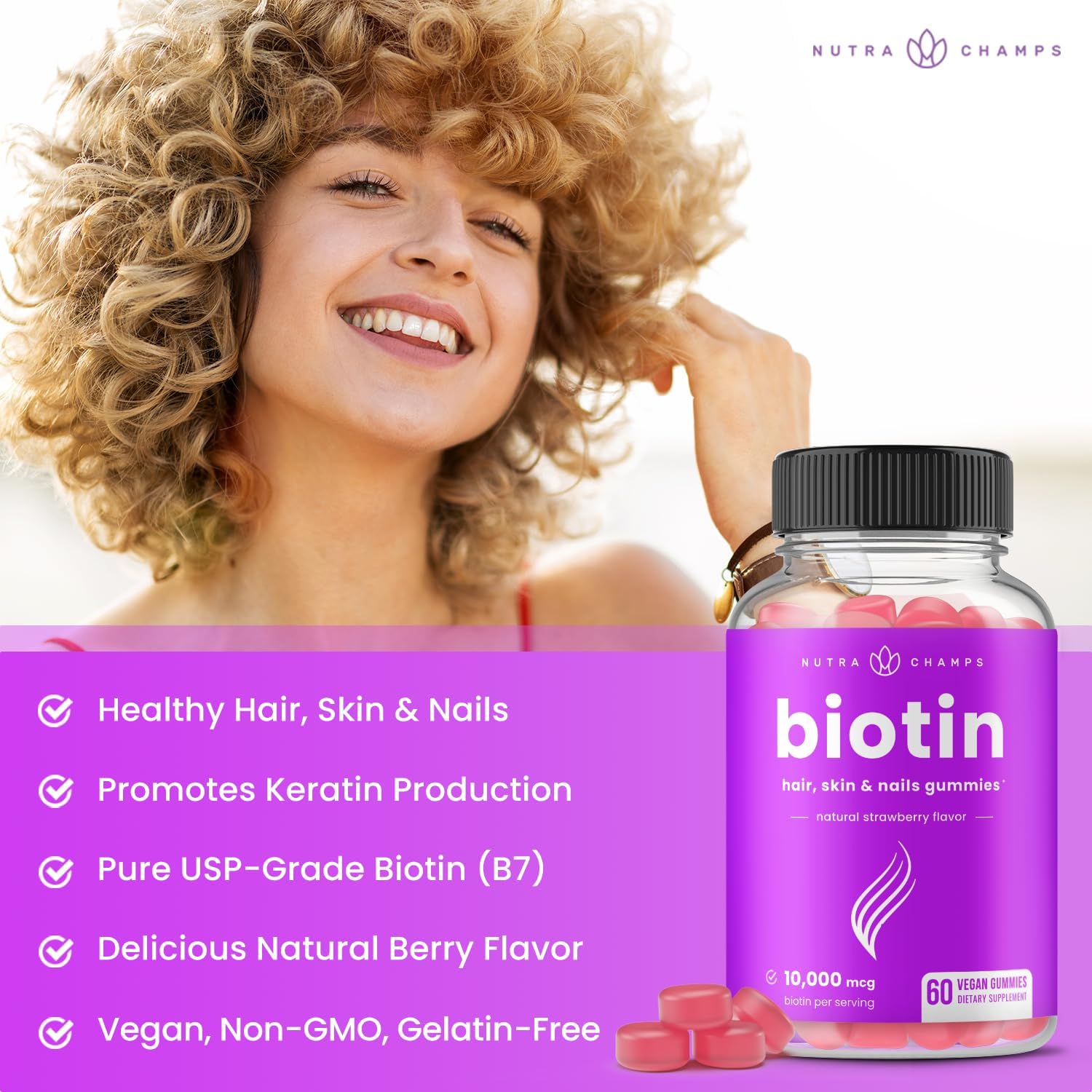 NutraChamps (2 Pack) Biotin Gummies 10,000mcg [High Potency] for Healthy Hair, Skin & Nails for Adults & Kids - 5000mcg in Each Gummy Vitamin - Vegan, Non-GMO, Pectin-Based Hair Health Supplement
