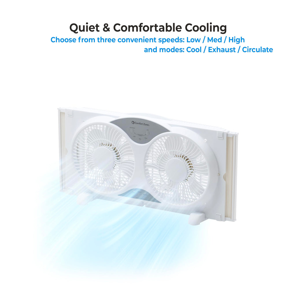 Comfort Zone Window Fan for Bedroom, 9 inch 3 Speed Dual Fans with Auto-Locking Expanders, 3 Modes (Cool, Circulate, Exhaust), Remote Control, Fabric Cover plus Bug Screen, White
