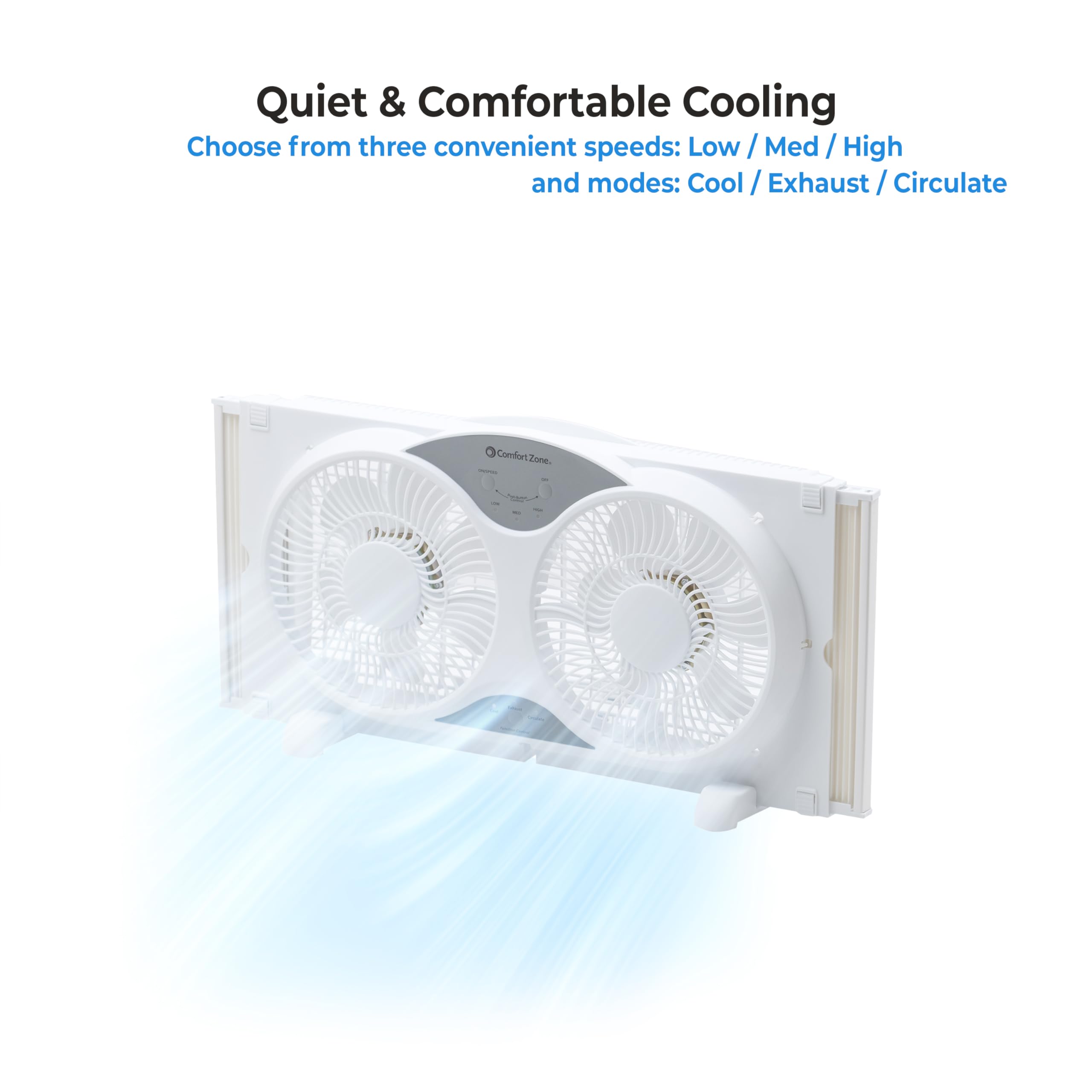 Comfort Zone Window Fan for Bedroom, 9 inch 3 Speed Dual Fans with Auto-Locking Expanders, 3 Modes (Cool, Circulate, Exhaust), Remote Control, Fabric Cover plus Bug Screen, White
